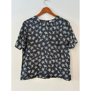 Nancy Crystal Womens Navy Blue 100% Silk Abstract Floral Short Sleeve Blouse M
